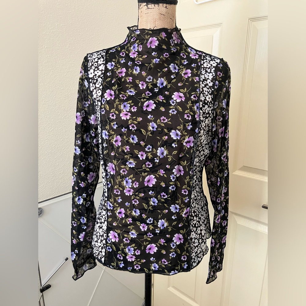 Forever 21 Black Floral Mock Neck Top with Purple Flowers